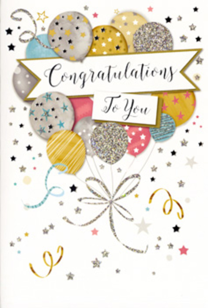 A refined congratulations card is shown propped open slightly, its design evoking the soft, buoyant feeling of a celebration just beginning, similar to the atmosphere of a sunny weekend around Hackney Marshes when families gather and friends share good news. The centre of the card is dominated by an artful cluster of balloons, varying in size and subtly overlapping to create a gentle sense of depth. They float in harmonious shades of metallic gold and silver, complemented by champagne, pale blue, blush pink, and muted grey. Each balloon features intricate detailing-tiny twinkling stars, shimmering dots, delicate stripes, and fine glitter accents-that lend them a textured, almost touchable quality, as though they might rustle softly if stirred by a breeze. Slender strings in sparkling gold and silver trail downward, looping and curling like decorative ribbon a florist might tie around a celebratory bouquet. The background remains soft and neutral, peppered with metallic stars, curling streamers, and confetti-like flecks that create a gentle, swirling motion across the card, suggesting laughter and applause suspended in the air. Across the midline, a stylish banner sweeps across the balloons, elegantly framing the words Congratulations To You in flowing script, the lettering graceful and assured. The card feels appropriate for many milestones-graduations, job promotions, new ventures, or exam successes-and would pair beautifully with fresh flowers delivered to homes, studios, or riverside flats around Hackney Marshes. As a local florist, I can almost picture this card tucked into a bouquet, ready to bring a sense of pride and polished celebration to someone who has truly earned it.