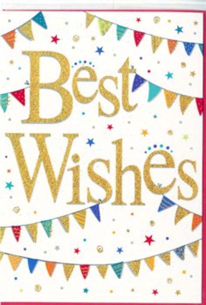 In this image, a celebratory greeting card is captured in close detail, its design echoing the spirited, communal feel of life around Hackney Marshes. The background is a smooth, bright white, giving every colourful element room to shine. Dominating the centre of the card, the phrase Best Wishes unfurls in a generous, looping script, stamped in gleaming gold foil. The letters have a gentle relief to them, as if lightly embossed, so that they catch and reflect the light in a way that suggests both quality and warmth-similar to how the low sun glows over the marshland in late afternoon. Surrounding this central phrase, curved lines of bunting stretch across the top and bottom sections of the card. Each string is composed of tiny triangular flags, individually coloured in vibrant shades of teal, fuchsia, tangerine, emerald, and royal blue, some adorned with miniature patterns: rows of dots, delicate stripes, or tiled geometric motifs. These flags feel playful and festive, like decorations hastily strung up for a birthday by the River Lea or a small celebration in a garden just off Chatsworth Road. Between and around the bunting, small star shapes and circular confetti dots are scattered in similar tones, creating the impression that someone has just released a handful of colourful paper into the air. They lend the design a sense of gentle motion, suggesting joy that cannot quite stay still. The card's mood is joyful but poised-suitable for a new job, an engagement announcement, or a personal achievement quietly marked at home. It is easy to imagine this card tucked beside a bouquet delivered to a doorstep overlooking the marshes, carrying with it encouragement, pride, and heartfelt best wishes.
