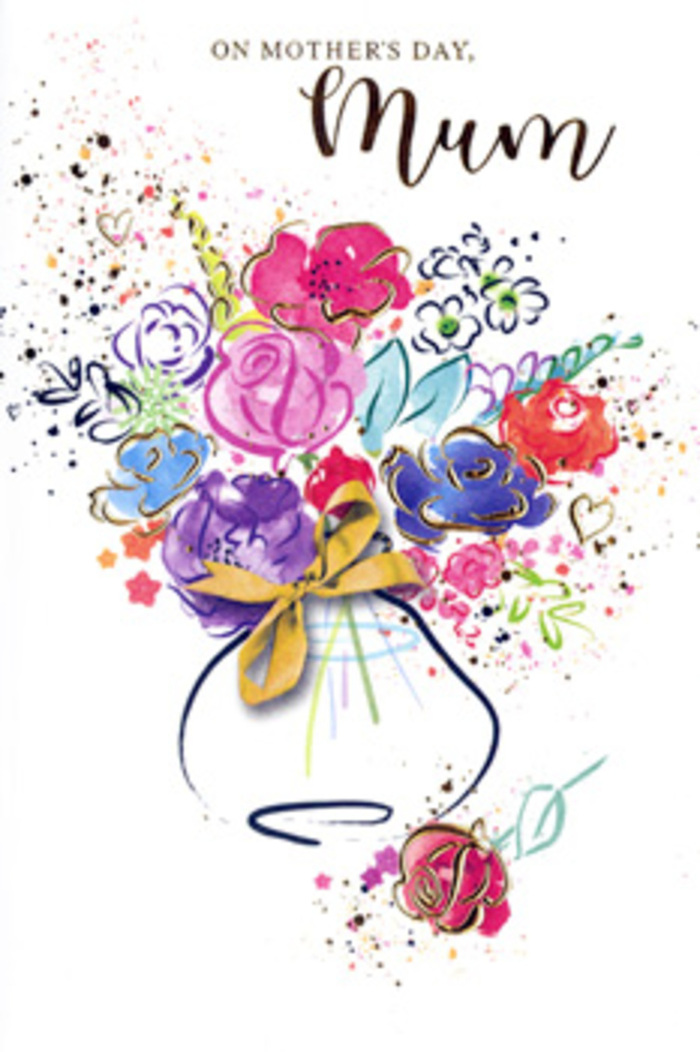 In this expressive Mother's Day card design, a lush, imaginative bouquet seems to burst out from the centre of the page, as if freshly arranged on a kitchen table overlooking Hackney Marshes. The flowers are rendered in loose, sweeping watercolour strokes, each bloom a blend of hot pink, vivid cerise, indigo, and apricot, with hints of soft coral and lilac peeking through. These colours mingle and overlap, allowing edges to blur in places so the bouquet feels alive and gently in motion, like wildflowers swaying beside the marsh paths. Deep indigo lines and touches of darker pigment give the petals their contours, while bright notes of chartreuse and leafy green tuck around the blooms, suggesting leaves and stems without over-defining them. Delicate accents of gold glide along petal edges and bow around the base of the stems, forming an elegant golden ribbon on the vase, reminiscent of a finishing flourish from an experienced florist preparing a special Mother's Day gift for local delivery. The vase itself is simple, painted in understated neutral washes so it supports rather than competes with the flowers above. Around the composition, scattered paint splashes, tiny hearts, and soft halos of colour dance across the white background, adding a joyful, celebratory feel, as though confetti or petals have just been tossed in the air. The overall impression is one of warmth and gratitude, a painterly bouquet that celebrates the many layers of a mother's love-playful, steady, and deeply rooted in everyday moments shared in homes and gardens all around the Hackney Marshes area.
