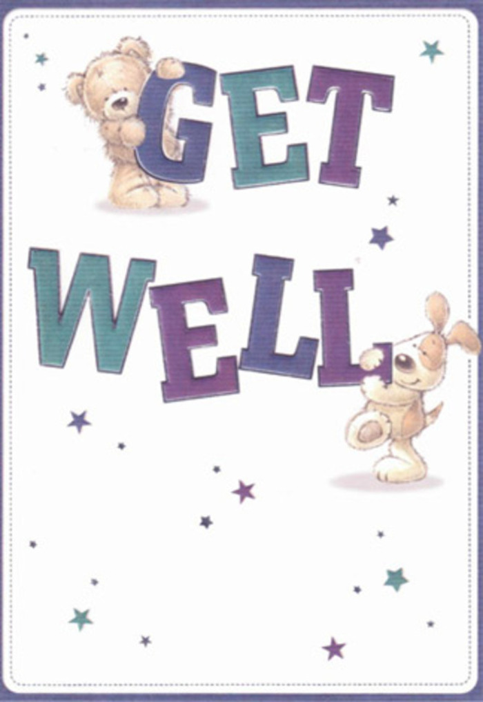 Capturing the gentle spirit of caring that defines Hackney Marshes, this delightful get well card is a celebration of encouragement, crafted through the artistry of a cheerful bear and a playful puppy. Their figures, radiant with innocence, are expertly drawn with rounded, textured brushstrokes that almost summon the sensation of snuggling a soft toy or picking the first spring blooms along the marsh pathways. Stars in shades of blue, purple, and teal seem to dance buoyantly around them, scattering messages of hope and good fortune into the fresh white space, much like how the wind carries blossom petals through local green spaces. The typography stands bold and robust-deep purples and aquas lending each letter a stability and confidence that reassures, while maintaining a whimsical aesthetic. One can almost feel the tactile richness of the furry duo, as if their comfort is ready to leap from the card, echoing the soothing embrace of a thoughtfully arranged bouquet from Flowers Hackney Marshes. The overall composition is light, airy, and infused with positivity, designed to lift anyone's spirits-young or old-with its promise of healing and heartfelt support, reminiscent of neighbours coming together in small acts of kindness along Kenworthy Road. As with fresh flowers, every detail in this card radiates intentional care and a sincere wish for recovery.