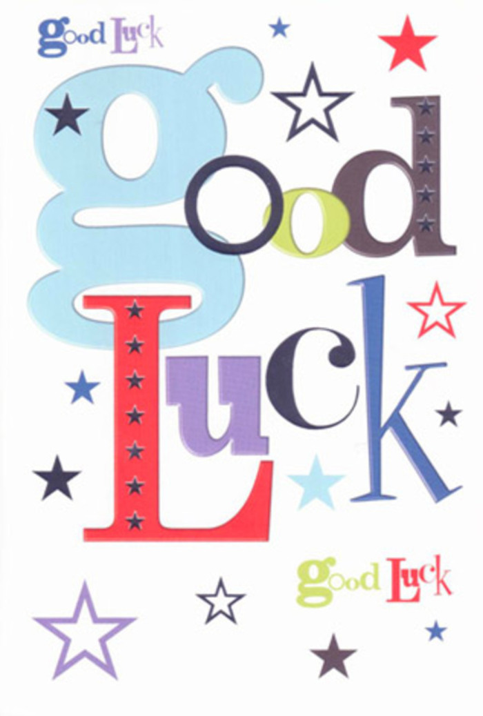 This luck-themed card feels like a burst of celebration captured on a crisp white rectangle, ready to slip between the stems of a congratulatory bouquet delivered anywhere around Hackney Marshes. The phrase Good Luck dominates the centre, but instead of a uniform typeface, each letter seems to have its own personality. One character is wide and pastel blue, soft as early morning light drifting over the marshland; another is tall and slender in midnight black, quietly grounding the composition. Rich red, deep violet, and moss green letters add warmth and depth, their bold tones reminiscent of vivid flower heads in a mixed hand-tie. Subtle variations in weight and curvature give the typography a gentle rhythm, as though the words themselves are cheering from the sidelines. Around the letters, bright stars are scattered at random, some barely larger than dots, others open and more defined. They glow in shades of inky navy, indigo, pale sky-blue, and lilac, with occasional flashes of lemon-lime that make the design sparkle. These stars feel like fragments of optimism, as if someone has shaken the night sky above the River Lea and let the pieces drift down onto the page. The card's surface looks smooth and slightly satiny, the kind of finish that feels cool and clean under your fingertips, with printing that appears precise and dense, giving each colour a solid, confident presence. There is plenty of breathing room around the central design, so nothing feels crowded or forced, just quietly uplifting. You can imagine this card resting on a hallway console in a Clapton flat, beside a vase of fresh flowers, offering steady encouragement before an exam, a move abroad, or the first day in a new role.