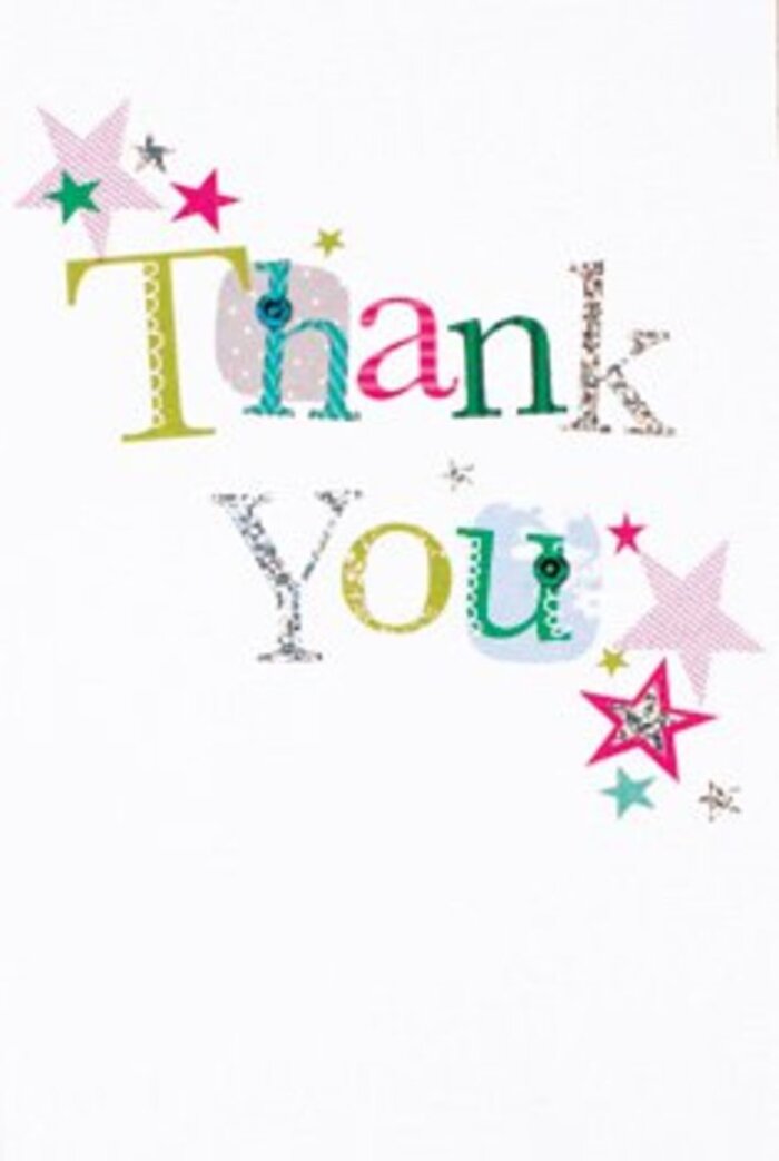 This thank you card embodies a quietly exuberant elegance, perfectly reflecting the creative, welcoming heart of Hackney Marshes. The word 'Thank You' unfurls in an artful arrangement, every letter rendered distinct-some whimsical, dotted, and brightly coloured in lush green, vibrant fuchsia, and rich blue, while others curve elegantly with silver accents resembling the glisten of morning dew on nearby meadows. Patterns of playful stars gather near the wording, some striped in soft pinks, others painting pops of turquoise or silvery light, like a drift of wildflowers scattered along the Marshes' footpaths. The composition is airy and modern, giving each design element room to breathe against a flawless white background. There's an understated sophistication as well-neither overly formal nor too casual, making this the kind of card that feels at home alongside a local, hand-tied bouquet for any thoughtful occasion. It is a universal gesture: warmth, gratitude, and cheer, gathered together in a card that feels as memorable as a friend's heartfelt thanks at a riverside picnic. Crafted by florists attuned to the neighbourhood's gentle rhythms, this card pairs beautifully with fresh Hackney Marshes blooms, leaving a lingering sense of appreciation as vivid as the card's colours themselves.