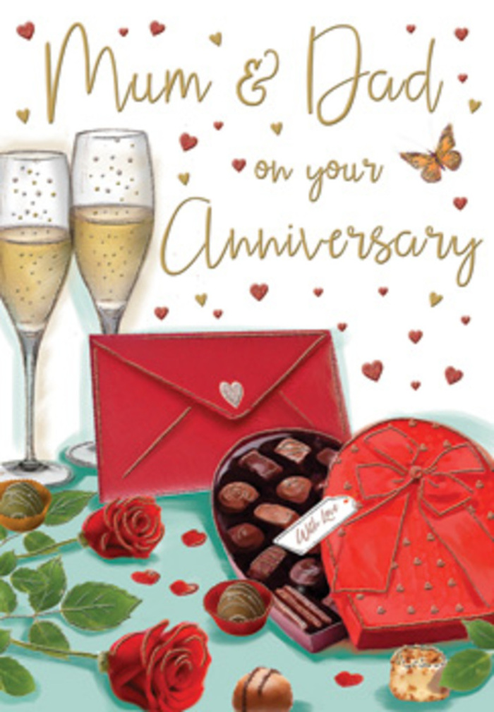 Detailed anniversary card artwork honouring a devoted Mum and Dad, illustrated as if capturing a small, private celebration in Hackney Marshes. At the foreground, two sumptuous red roses lie gently on a tabletop, their petals thick and velvety, with hints of shadow that emphasise each curl and contour. Rich green leaves frame the blooms, giving the scene a natural, florist-crafted balance similar to a hand-tied bouquet ready for delivery around the estate paths by the marshes. Beside the flowers sits an open heart-shaped box of chocolates, coloured in deep, romantic reds, its surface smooth and slightly glossy. Inside, the chocolates are neatly nested, each one individually defined, suggesting indulgence and sharing. Draped across the lid is a generous red satin bow, rendered with soft highlights to show its folds and texture. Rising behind this arrangement, two tall champagne flutes stand close together, filled with a golden, sparkling drink; the bubbles are suspended mid-rise, catching the gentle glow that suggests candlelight or the soft lamps of a family sitting room. Around the scene, tiny gold and crimson hearts drift across a warm-toned background, subtly drawing the eye toward the lovingly hand-lettered Mum & Dad message at the top of the card. A vivid scarlet envelope rests nearby, its pointed flap neatly sealed, hinting at a heartfelt note written in familiar handwriting. The entire composition feels both nostalgic and celebratory, like an anniversary evening spent at home after a peaceful walk past the playing fields and waterways of Hackney Marshes, where love, gratitude, and family memories take centre stage.