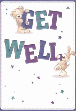 This whimsical get well card opens with an immediate sense of hope and cushiony warmth, reminiscent of sharing a walk among the reeds of Hackney Marshes with a friend. At the heart of the card sit two endearing figures: a plush teddy clinging joyfully atop the bold word 'GET,' and a spirited puppy nestled below, paws brushing the cursive 'WELL.' Each character is rendered with rounded shapes and expressive eyes, their illustrated fur inviting a memory of hands running across velvety petals or lush greenery at Flowers Hackney Marshes. The playful arrangement of letters in rich teals and purples creates a dynamic visual energy, like the changing patterns of sunlight over the marsh, and scattered stars flicker throughout, symbolizing renewed health and brighter days ahead. The clean white backdrop echoes the calm found on quiet mornings by the water and infuses the art with clarity and lightness-attributes that soothe and uplift those not feeling their best. Every design detail, from the contours of fluffy ears to the bold sweep of the message, is placed with the same heartfelt intention found in making a bouquet for a loved one recovering just off Homerton Road. Here, the artwork transcends the card stock, enveloping the recipient in gentle wishes evocative of the community care found in Hackney Marshes.