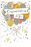 This congratulations card presents a beautifully coordinated scene of celebration, as if a small party has been captured in stillness, ready to brighten a home near the towpaths and green spaces of Hackney Marshes. The focal point is a bouquet-like cluster of balloons gathered at the centre, their rounded forms overlapping in a graceful arrangement. Tones of warm gold, soft silver, champagne, pastel blue, blush pink, and light grey work together to create a palette that feels both festive and refined. Each balloon carries its own pattern-some dusted with glittering stars, others adorned with fine stripes or tiny specks of confetti-so that the surface appears to glimmer as it catches the light, almost like reflections on the River Lea nearby. Slender, slightly curled strings in metallic gold and silver descend from the balloons, meeting in an elegant flourish that resembles the tied stems of a hand-crafted floral bouquet. The surrounding background is light and gentle, sprinkled with floating stars, swirling ribbons, and scattered confetti motifs that move the eye around the design, adding a sense of joyful energy. A prominent banner arches across the middle of the card, carrying the words Congratulations To You in chic, flowing handwriting that suggests genuine admiration and warmth. The overall impression is one of shared pride and happiness, perfect for marking achievements such as graduations, new jobs, or completed projects. Imagined in the hands of a recipient in Hackney Marshes, this card would pair effortlessly with a fresh floral arrangement, turning simple congratulations into a memorable, heartfelt moment.