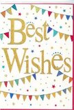The image presents a Best Wishes card that looks like a pocket-sized celebration, its design mirroring the light-hearted gatherings and open skies of Hackney Marshes. Against a pure white backdrop, the sentiment Best Wishes is written in broad, flowing script, rendered in reflective golden foil that seems to shimmer as though brushed by sunlight. The lettering is smooth and slightly raised, offering a tactile invitation to trace each curve with a fingertip. Above and below the words, strands of colourful bunting sweep in gentle arcs, as if hung between lampposts along the paths by the River Lea during a summer event. The tiny triangular flags come in bright, eye-catching colours-cobalt blue, scarlet, lime green, sunshine yellow, and magenta-some adorned with tiny polka dots or fine stripes that lend a handmade, crafty charm. They create a natural frame for the central message, giving the card a finished, balanced look. Dotted throughout the remaining space are miniature stars and confetti-like circles, scattered with a light touch so they seem to float, reminiscent of confetti drifting slowly to the ground after a toast. These accents echo the colours of the bunting, tying the whole design together and enhancing its lively, buoyant energy. Overall, the card feels joyful, supportive, and inclusive-ideal for congratulating a neighbour on a new start in East London, wishing luck for an exam or promotion, or simply sending warm thoughts alongside a flower delivery. The visual impression is one of quiet yet unmistakable celebration: a simple white card transformed into a burst of colour and good wishes.