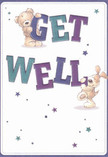 Radiating joy and gentle optimism, this get well card features a lovable duo-a teddy bear and a floppy-eared pup-each playfully balanced atop or beside the large, vibrant letters that spell out 'Get Well.' Their illustrated fur appears so textured and soft that one almost imagines the comforting warmth of a favorite pet after a stroll through Hackney Marshes. The bold hues of indigo and teal in the text stand in lively contrast to a softly glowing cream background, creating an atmosphere as reassuring and tranquil as the first light over the local wetlands. Twinkling stars in shades of blue and purple are sprinkled throughout, adding a layer of magic and hope to the scene. Each detail, from the joyful tilt of the puppy's head to the confident stance of the bear, brings emotional warmth-mirroring the care with which bouquets are composed for neighbours in recovery from Valencia Close to the River Lea. The card communicates not just a message but a sincere gesture of comfort, kindness, and resilience, perfect for sending healing wishes as vivid and heartfelt as a local arrangement crafted by a community florist.