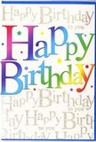 The photograph shows a vibrant birthday card whose design radiates the same bright spirit you might feel walking through Hackney Marshes on a clear spring day. Filling the centre of the card are the words Happy Birthday, set in large, softly rounded letters that march confidently across the front. Each letter is dipped in a different vivid hue, forming a smooth rainbow from rich crimson and hot pink, through glowing tangerine and golden yellow, into fresh grass green, aqua, and deep cobalt-like a row of colourful balloons tied to a park bench by the river. The colours blend gently into one another at the edges, giving the text a fluid, almost painterly effect. Behind this lively message, the background is a warm ivory tone, covered from edge to edge in fine golden handwriting that repeats the phrase Happy Birthday to you. The script is delicate and slightly swirling, reminiscent of a note a loved one might write by hand, and it gleams with a subtle metallic sheen, catching light just as evening sun glints off the nearby waterways. Tiny accents-specks or star-like shapes-echo the same gold tone, scattered sparingly to suggest confetti without overwhelming the eye. The printing surface looks smooth, with a soft satin finish that would feel gentle under the fingertips. The card's overall feel is joyful yet polished, perfect to accompany a same-day flower delivery in the Hackney Marshes area, bringing not only colour but a sense of heartfelt celebration to a birthday table or windowsill.