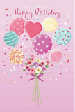 On a backdrop that feels as soft and serene as an early morning stroll through Hackney Marshes, this birthday artwork captures a whimsical moment where balloons and flowers seem to float together in mid-air. A spray of pastel balloons rises from the centre, each one unique: some dance with candy-coloured stripes, others sparkle with playful polka dots, and one heart-shaped balloon glows with gentle affection. Their colours-powder pink, creamy lemon, misty teal, and muted mauve-blend like reflected sky and water along the River Lea. At the base, a hand-tied bouquet gathers roses and anemone-like blooms in shades of ivory, blush, and soft lilac, the petals feathery and full, as though just arranged by a careful local florist. A violet satin bow wraps the stems, adding a touch of polished elegance that contrasts beautifully with the airy lightness above. Tiny details, perhaps imagined as stars or butterflies, seem to shimmer around the balloons, lending a hint of fairy-tale magic to the birthday greeting. The overall feeling is sweet and celebratory without being overwhelming, like a thoughtful surprise sent to a friend who loves the open skies and wild paths of Hackney Marshes. It's an image that turns a simple birthday wish into a floating moment of joy, colour, and quiet wonder.