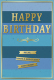 A thoughtfully designed blue and gold birthday card is shown in close view, its calm, layered composition echoing the relaxed, natural atmosphere of Hackney Marshes. The entire front is built from broad horizontal stripes of blue, starting with a deep, almost midnight navy near the top and gradually lightening through denim and teal hues to a softer, airy blue at the base. In the middle of this soothing gradient, the greeting HAPPY BIRTHDAY appears in large, embossed gold letters, the metallic foil reflecting light with a warm, gentle sparkle. The letters stand out clearly against the blues, offering a confident yet not overpowering focal point. Directly beneath this main message runs an elegant, scrolling gold flourish, reminiscent of classic stationery or decorative ironwork you might spot around the historic corners of the area. Below the flourish, three small gold banners sit stacked one above the other, each finely embossed with part of a relaxed wish: Relax, have a great day and enjoy! The text on these ribbons is neat and approachable, reinforcing the card's theme of taking time to slow down and savour the occasion. A slim gold border traces the edge of the card, containing the layered stripes like a frame around a calm seascape. The card appears to be made from quality, slightly textured stock, with the foil details raised just enough to be felt under the fingertips. Soft, even lighting highlights the metallic elements without harsh glare, suggesting this card might be resting on a table in a Hackney Marshes living room, perhaps beside a simple vase of seasonal flowers, ready to bring gentle joy to someone's birthday morning.