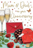 Warm and romantic anniversary card design dedicated to Mum and Dad, evoking the feeling of an intimate celebration in a Hackney Marshes townhouse. The scene is composed like a carefully styled tabletop: at its heart, two plush red roses stretch out across a surface, each petal shaded with deep crimsons and softer highlights, suggesting fresh, fragrant blooms chosen with care. The roses are cradled by dark, glossy green leaves, adding depth and contrast. Nearby, a heart-shaped box of chocolates sits open, showcasing an assortment of neatly arranged treats. The box is wrapped in a luxurious red ribbon tied into a full, theatrical bow that spills gracefully over the edge, its satin texture vividly illustrated. Just behind, two elegant champagne flutes stand shoulder to shoulder, filled with sparkling golden liquid, their fine stems and the gentle curve of the glass accentuated by the warm light. Tiny bubbles swirl upwards, giving the sense of a toast mid-moment. Scattered across the creamy background, delicate gold and crimson hearts seem to float and drift, framing the script-style greeting to Mum & Dad, written as if by a loving child or partner. A bright scarlet envelope lies partly under the chocolate box, its clean lines and pointed flap suggesting a special card tucked inside-perhaps filled with memories of school runs along the canal or picnics near Hackney Marshes. The overall palette of reds, golds, and soft neutrals conveys cosiness and romance, while the careful composition suggests a celebration where simple pleasures-flowers, chocolates, bubbles, and words of love-come together to honour years of shared life.